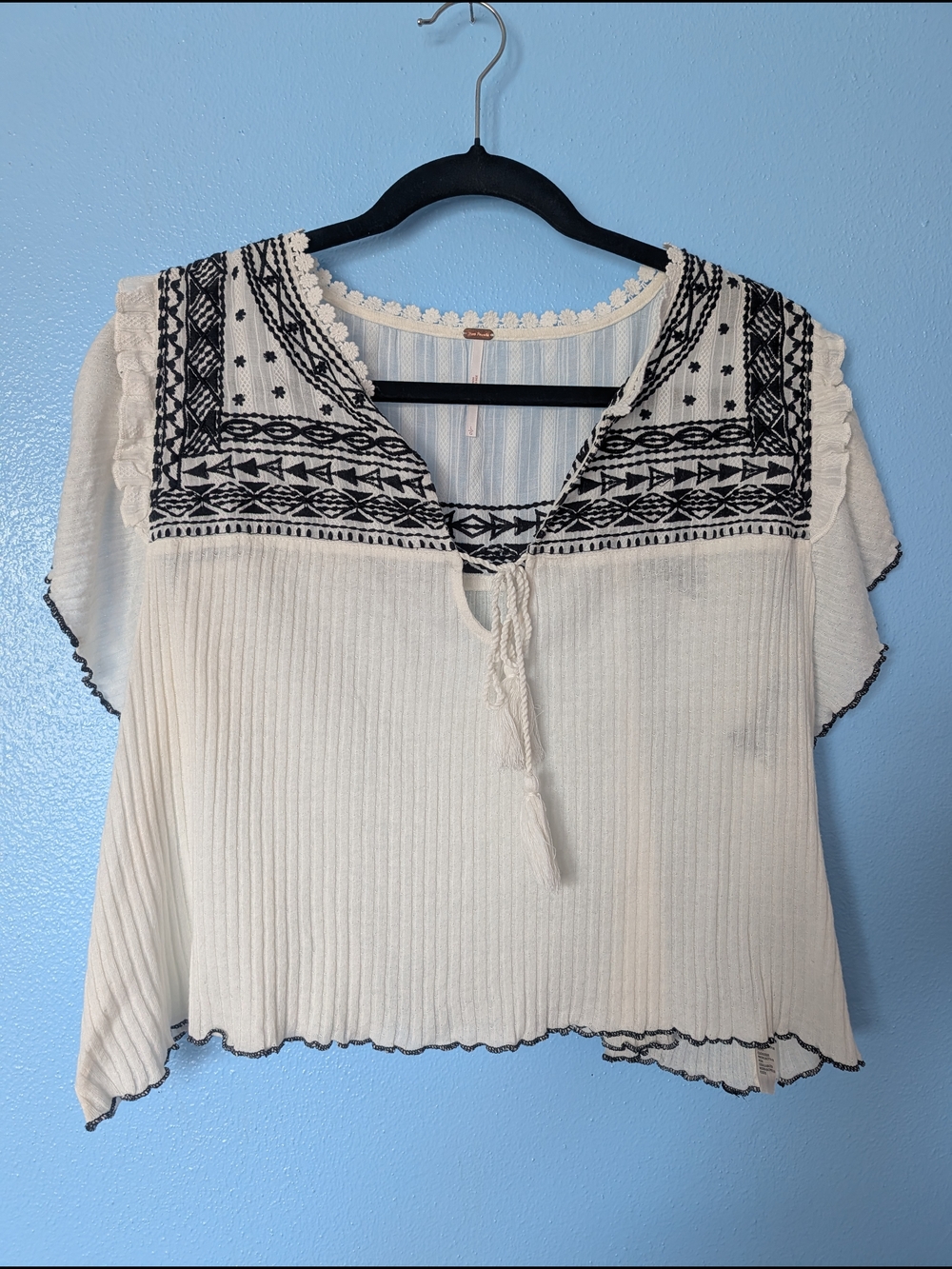 Free People Cream Top with Black Embroidery